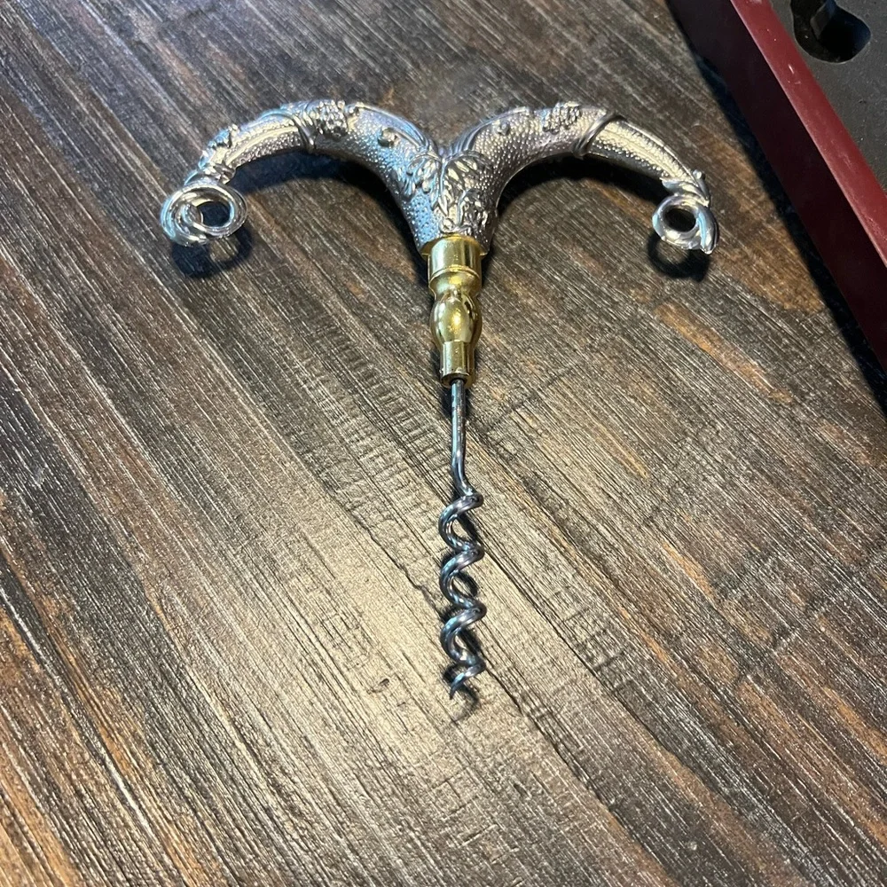 Vintage Bullhead Silver and Gold Corkscrew in Wooden Display